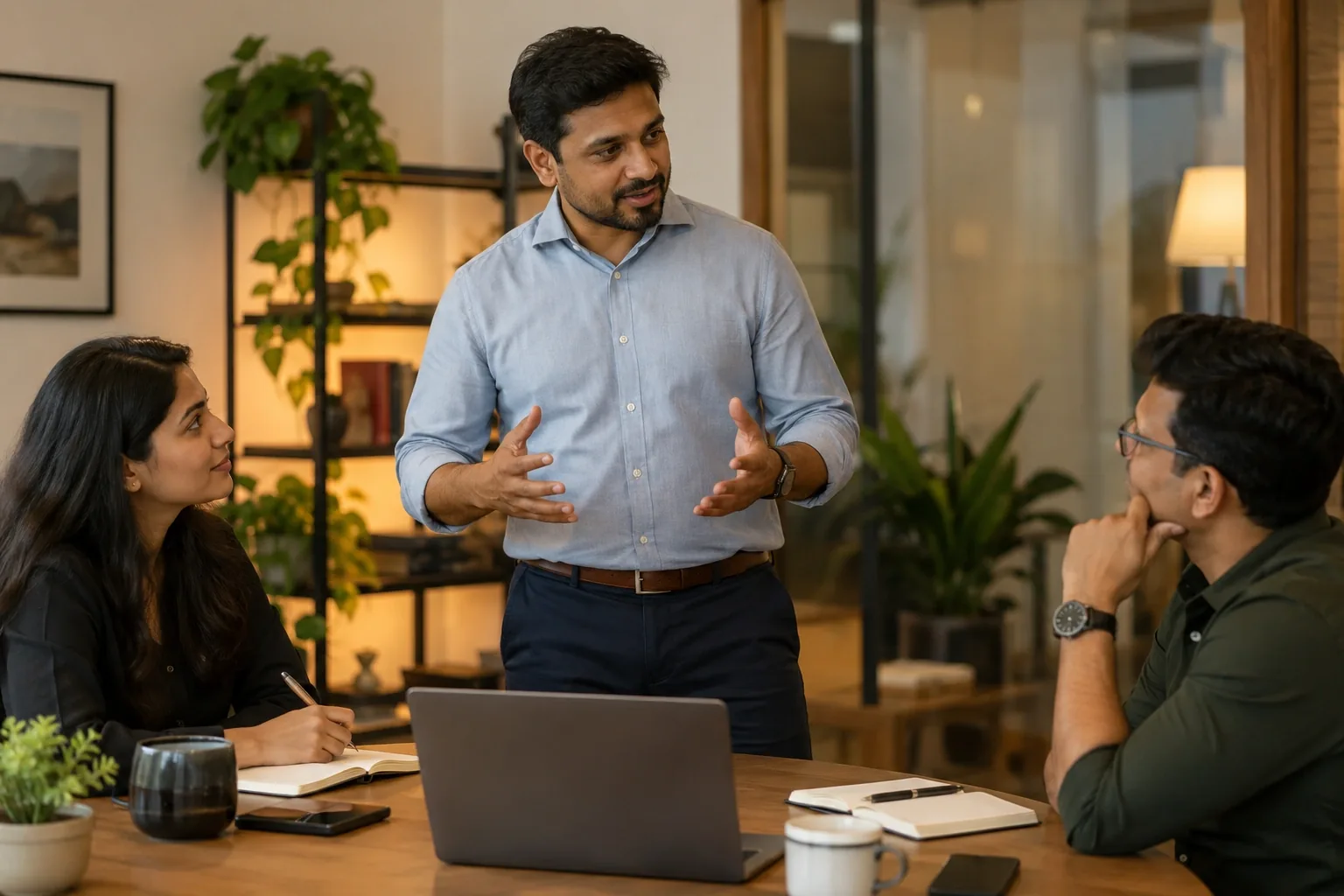 An Indian independent business consultant leading a small workshop for two adult professionals in a warm contemporary office, notebooks with no legible writing.